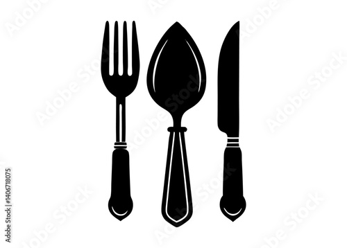 Minimalist Black Silhouette of Fork, Knife, and Spoon – Vector Cutlery Icon Set