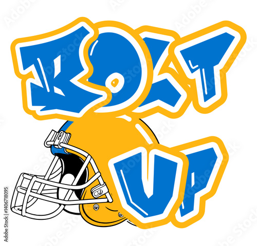 Bolt up - word written in powder blue and gold yellow with a football player's helmet next to the writing; sport vector graphic for street art; artistic illustration