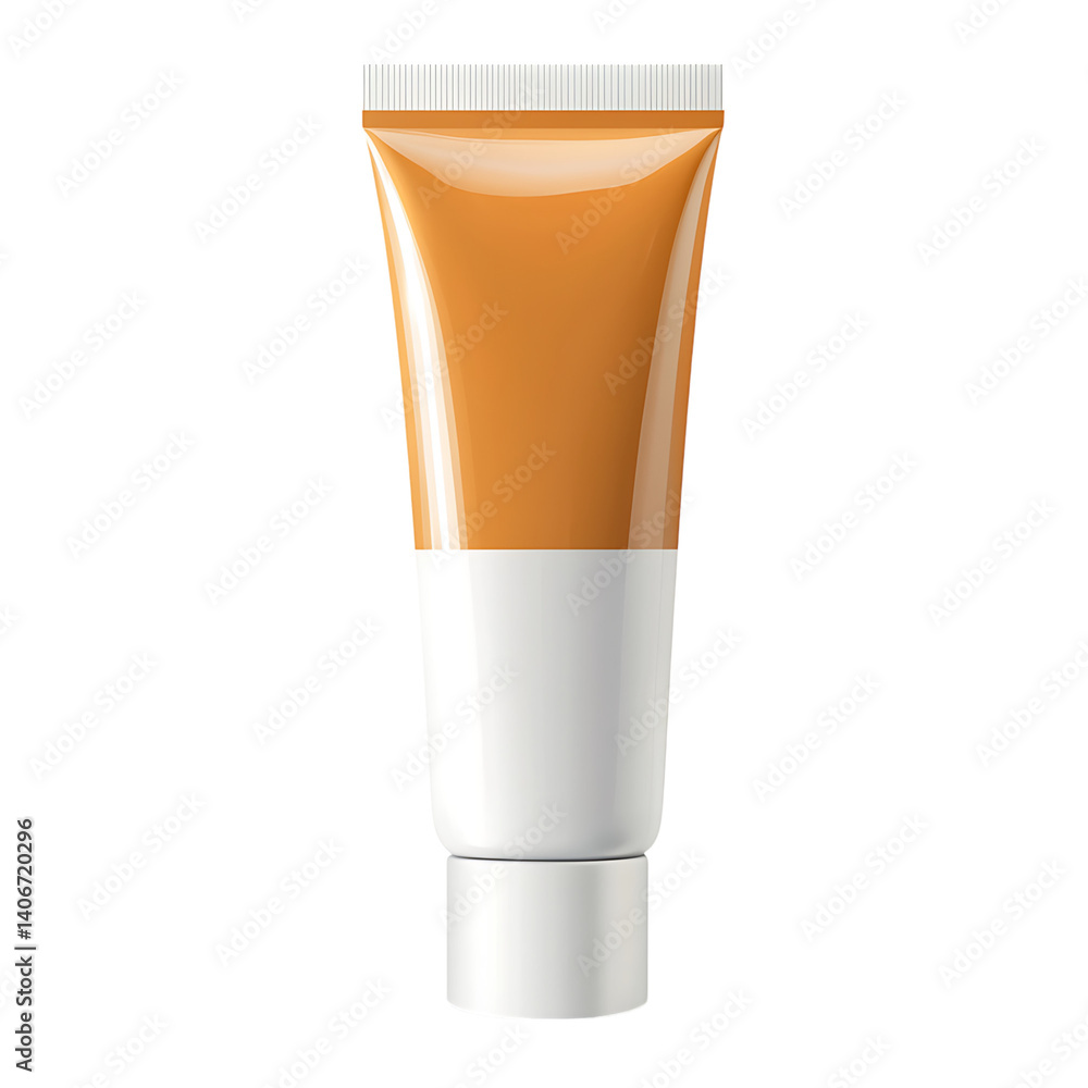 Realistic orange tube of sunscreen with smooth glossy surface and a white screw cap standing upright on a transparent background without any shadows or branding