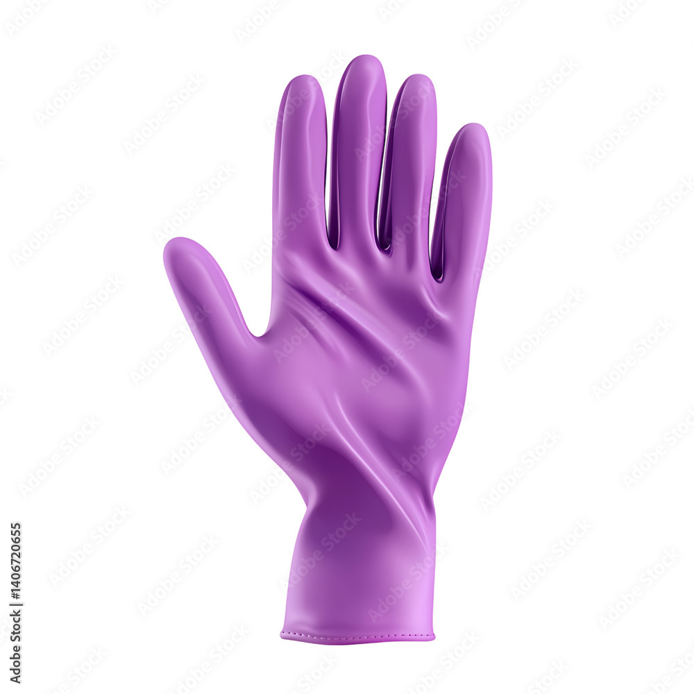 Realistic purple glove with textured grip on fingers and palm shown upright and isolated on a transparent background without any branding or shadow present