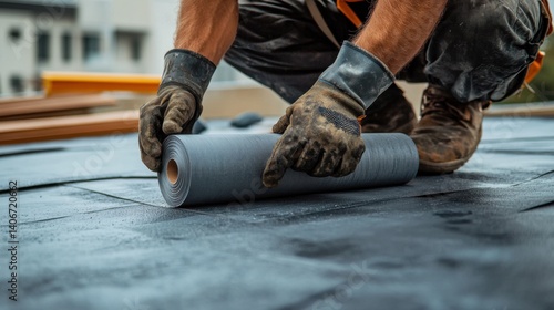 Roofing contractor applying roof underlayment for a commercial building. Featuring attention to detail and weatherproofing