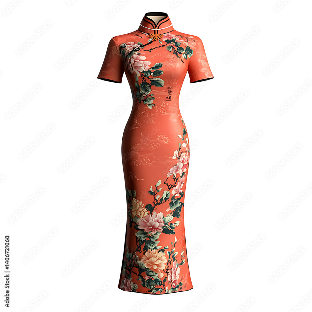 Elegant red qipao dress with short sleeves high collar and colorful floral designs shown isolated on a transparent background without shadow or background interference