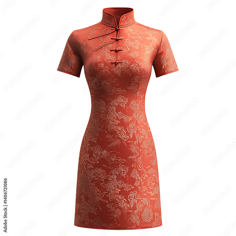Elegant red qipao dress with short sleeves high collar and colorful floral designs shown isolated on a transparent background without shadow or background interference