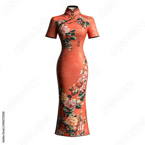 Obraz na płótnie Elegant red qipao dress with short sleeves high collar and colorful floral designs shown isolated on a transparent background without shadow or background interference w salonie