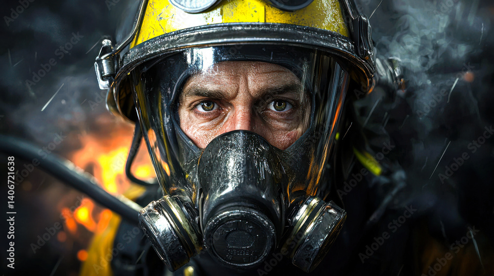 Fototapeta premium Heroic firefighter wearing protective mask, showcasing determination and bravery amidst flames