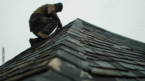Wallpaper Mural Roofing contractor fixing shingles on a pitched roof of a house. Featuring roofing work Torontodigital.ca