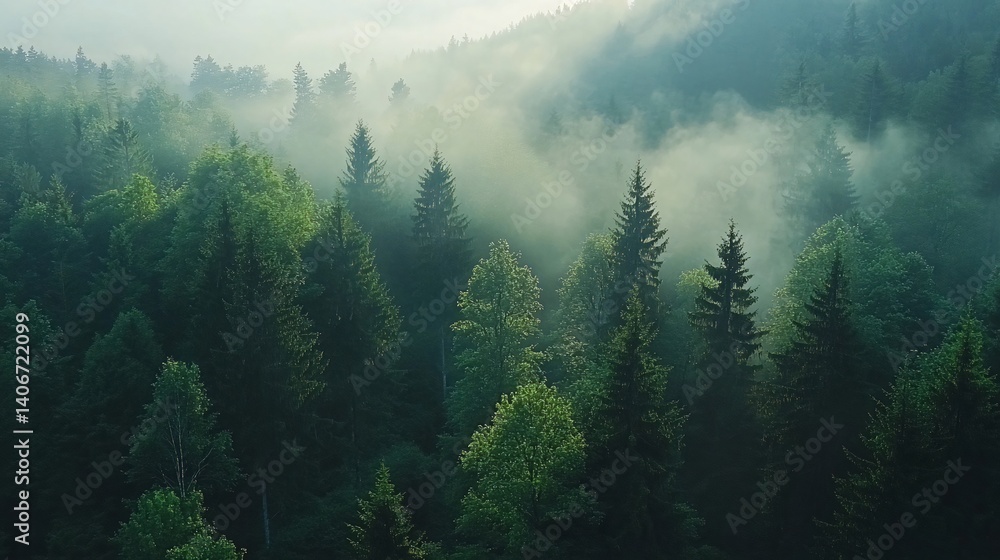 Fototapeta premium Misty mountain forest sunrise, aerial view