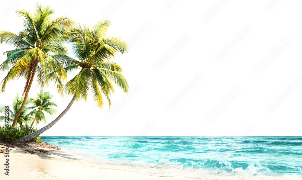 Fototapeta premium Tranquil Tropical Beach Scene with Lush Palm Trees and Turquoise Ocean