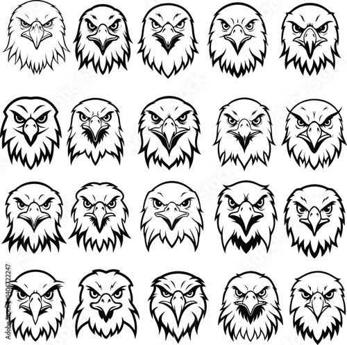 Black eagle face silhouettes vector set for wild tattoo design