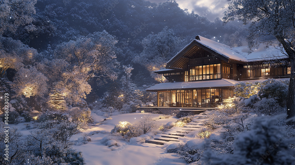 Fototapeta premium snowy Japanese mountain house with glowing windows creates serene winter scene