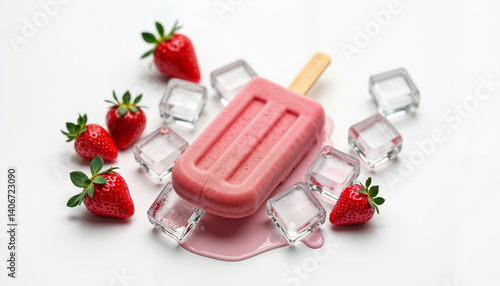 Refreshing Strawberry Popsicle with Ice Cubes