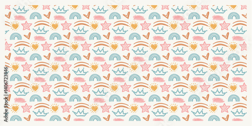 Seamless Pattern with Crowns, Stars, Hearts, Rainbows, and Magical Sparkles for Children's Textiles and Decor