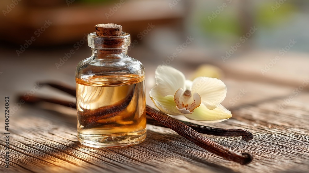 Aromatic Vanilla Extract in Glass Bottle with Fresh Vanilla Pods, Warm Sunlight on Rustic Background Aromatic Vanilla Extract in Glass Bottle with Fresh Vanilla Pods, Warm Sunlight on Rustic Background