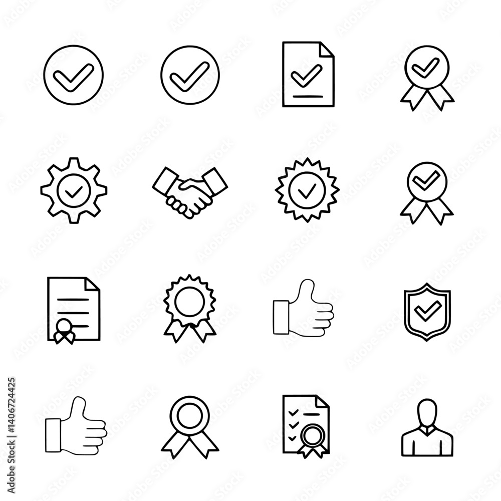Vector icons of approval checkmark success quality guarantee certificate and handshake symbols Vector icons of approval checkmark success quality guarantee certificate and handshake symbols