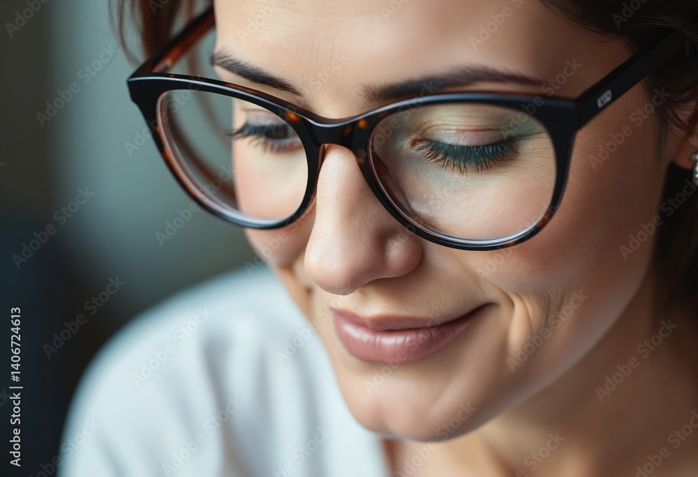 Fototapeta premium Close-up Portrait of a Mature Woman Wearing Glasses and Looking Down