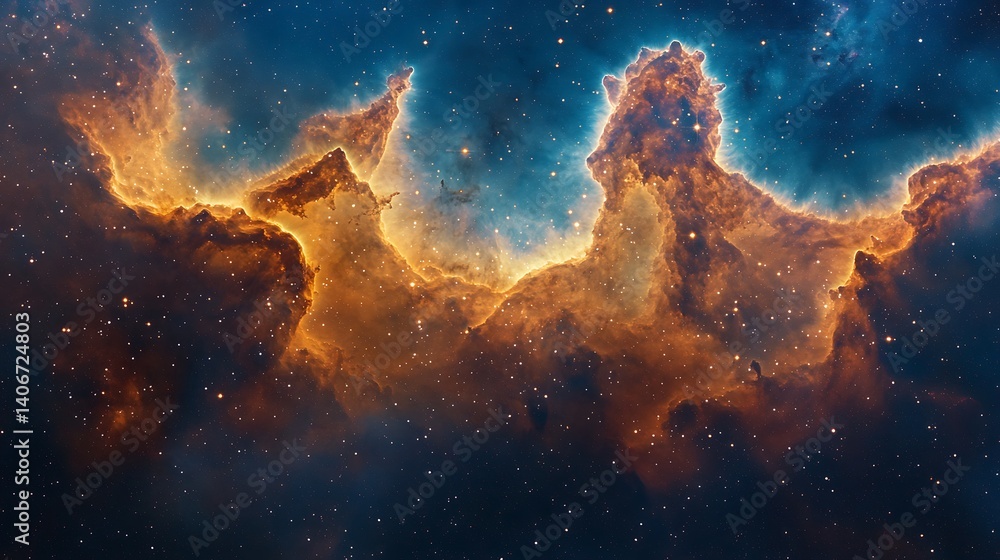 Obraz premium Vibrant Cosmic Nebula with Stars, A vibrant and colorful nebula in space, showcasing bright orange, blue, and yellow hues with stars