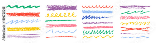 Chalk lines, charcoal highlight strokes doodle set. Kids hand drawing doodle charcoal squiggles, chalk curly lines. Color vector illustration isolated on a white background.