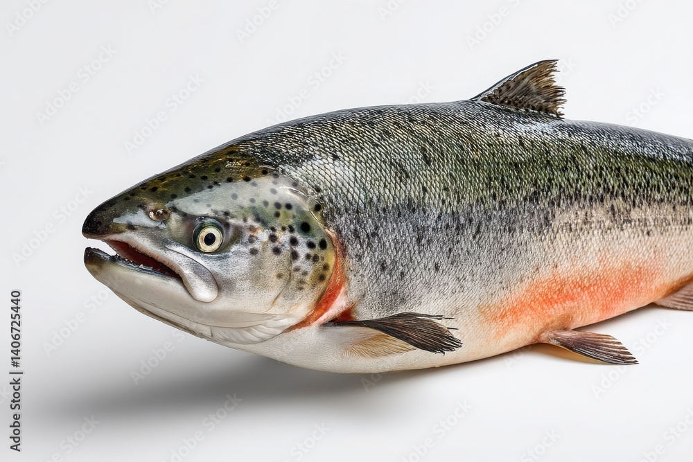 Fresh Rainbow Trout Fish on White Background, Healthy Seafood Option Fresh Rainbow Trout Fish on White Background, Healthy Seafood Option