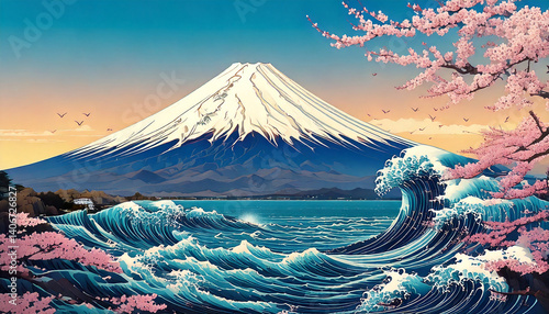 富士山　海　和紙　生成AI　背景