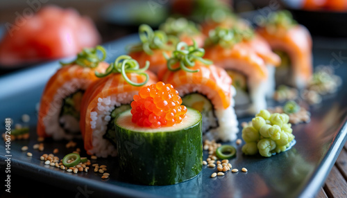 Sushi Rolls with Salmon and Cucumber on Plate