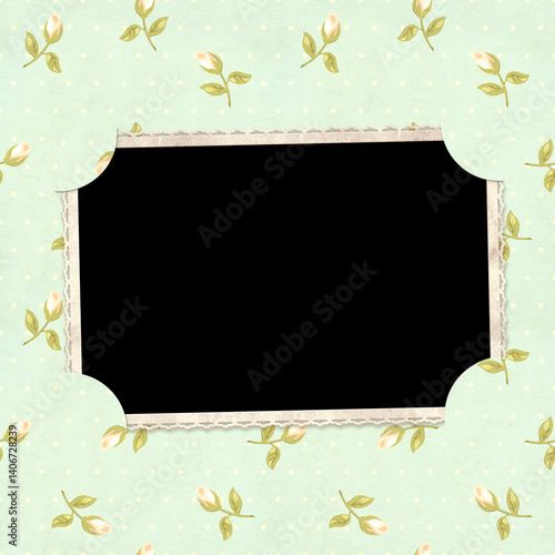 Vintage album page with retro photo frame and old paper texture with rose flower in shabby chic style. Nostalgic scrapbooking style. Mock up template. Copy space for text