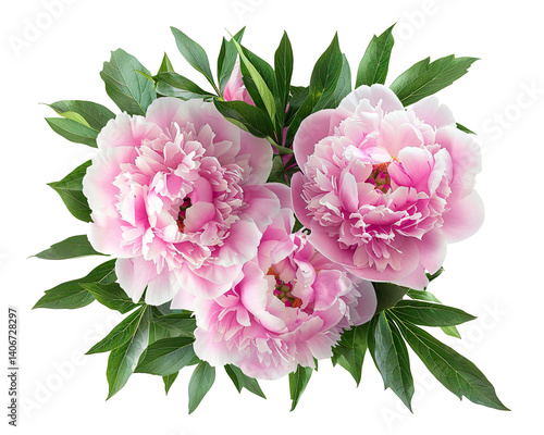 Fototapeta Naklejka Na Ścianę i Meble -  Beautiful pink peonies with green leaves on a transparent background