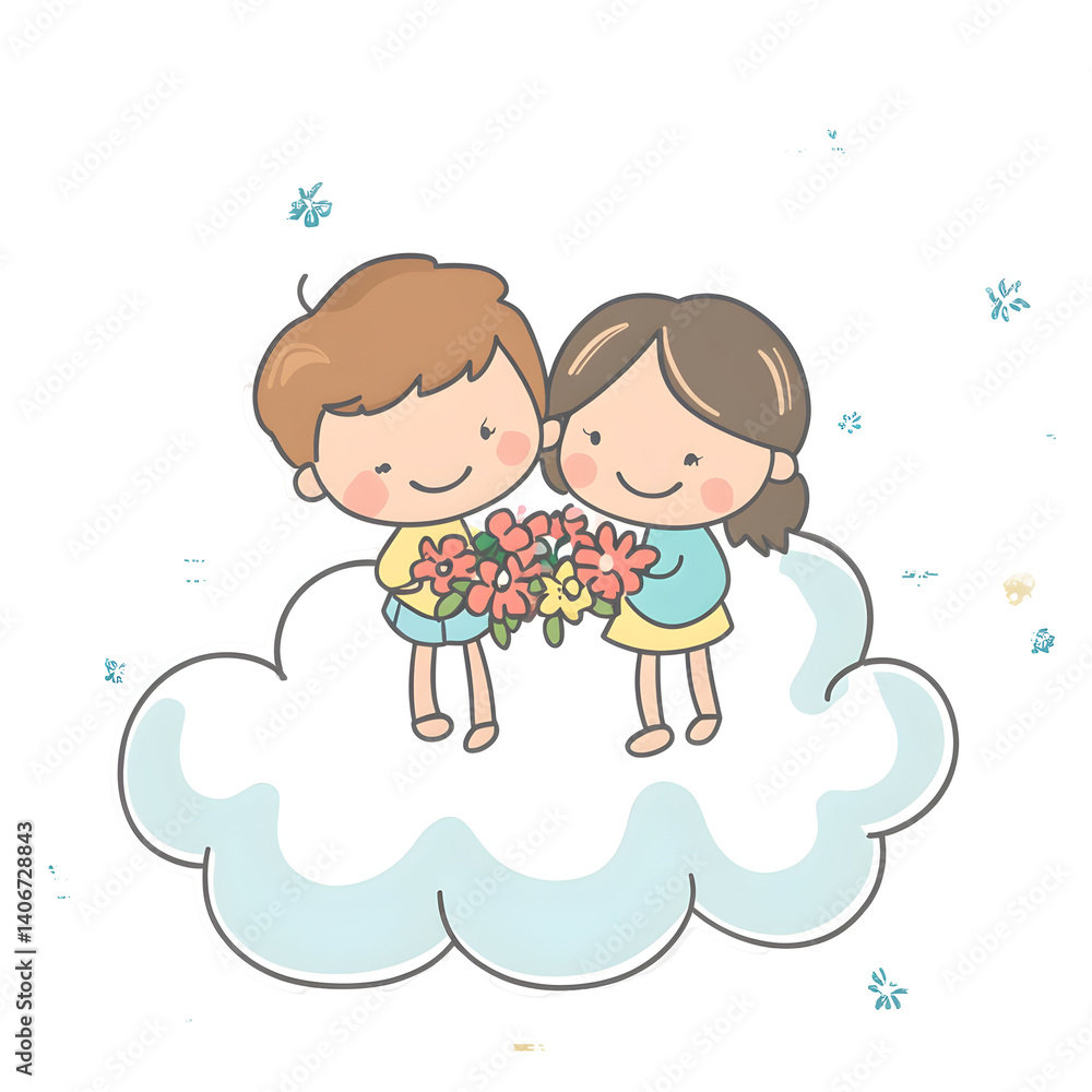 Two Children Smiling on a Cloud with Flowers Two Children Smiling on a Cloud with Flowers