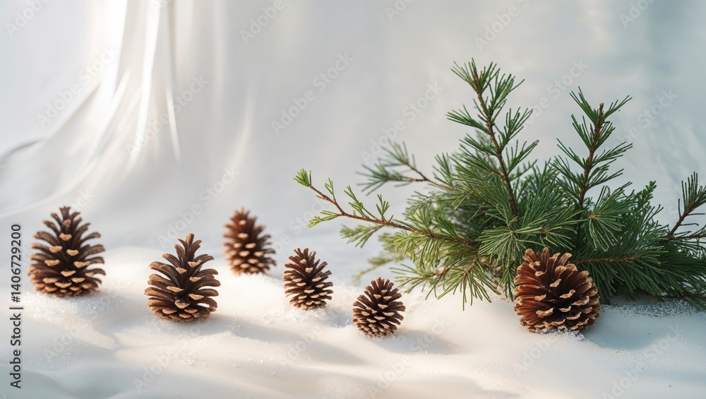 Fototapeta premium Winter Holiday Pine Cone and Fir Branches on White.