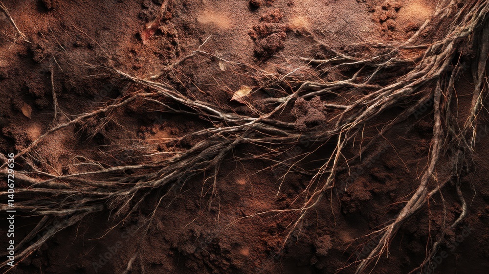 A complex network of roots is shown intertwining in rich soil, highlighting the relationship between trees and their underground ecosystem in soft morning light A complex network of roots is shown intertwining in rich soil, highlighting the relationship between trees and their underground ecosystem in soft morning light