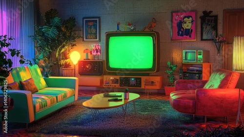 Retro 80s Living Room:  A nostalgic digital art depicting a vibrant 1980s living room, filled with vintage furniture, neon lights, and a green screen television.