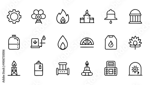Linear style icon set representing natural gas tools storage pipelines and facilities crafted for digital platforms presentations and resource illustrations