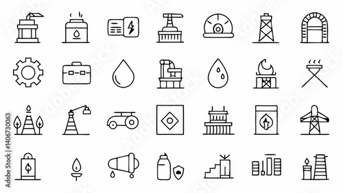 Oil industry outline icon set illustrating extraction rigs barrels pumps and tanks made for energy sector UI kits websites apps or marketing materials