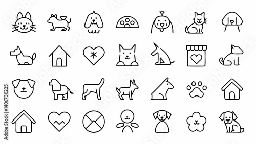 Outline icon pack celebrating pet friendly concepts including toys veterinary symbols care items and animals for UI kits social media and product design