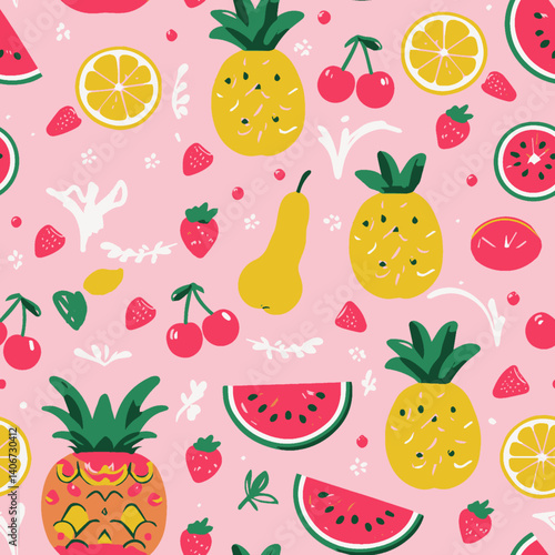 Seamless fruit pattern background with colorful cartoon fruits and fresh sweet design