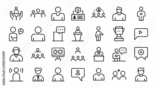 Minimal and expressive icons related to public speaking including gestures stage settings microphones and audience elements for digital or print use