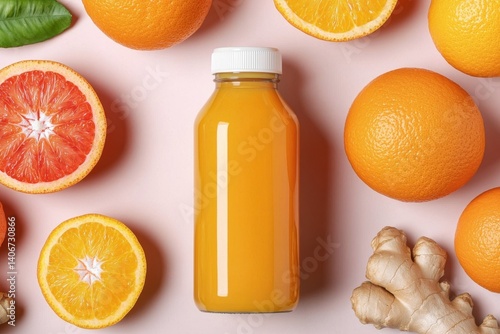 Wallpaper Mural Fresh Citrus Juice Bottle Surrounded by Oranges and Ginger Root on Light Background Torontodigital.ca