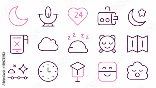 Download this thoughtful set of sleep themed linear outline icons designed to suit health tracking apps meditation tools bedtime interfaces and wellness focused platforms