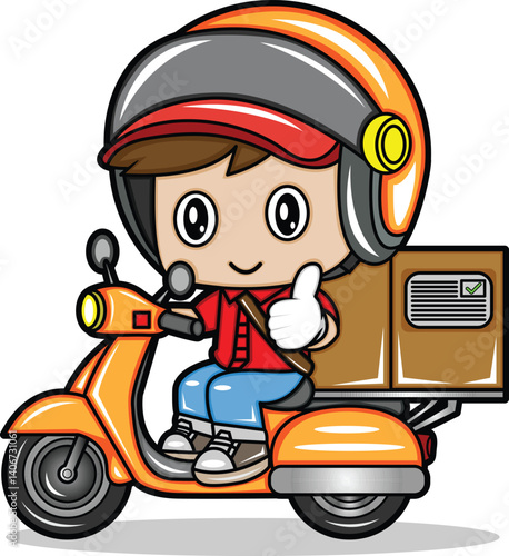 cartoon illustration of a delivery courier on a motorbike smiling and giving a thumbs up

