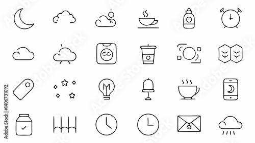 A minimal pack of outline icons centered around sleep designed in a clean linear style ideal for use in bedtime routine apps health visuals and mobile interface design