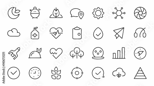 Explore slow living with this elegant outline icon set created in a modern linear style ideal for mindfulness apps digital detox programs and peace focused digital platforms