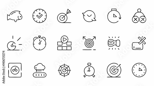 A peaceful collection of slow motion themed outline icons in a minimal linear style perfect for calm productivity tools lifestyle wellness blogs and simplicity driven websites