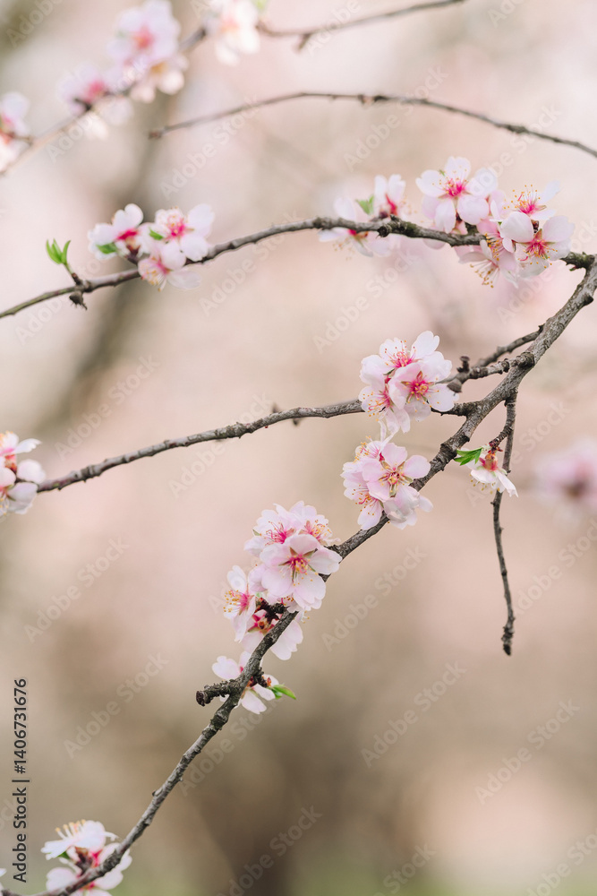 Obraz premium A serene close-up of delicate pink and white cherry blossoms blooming on a branch, captured in soft, natural light. The background is beautifully blurred with a bokeh effect