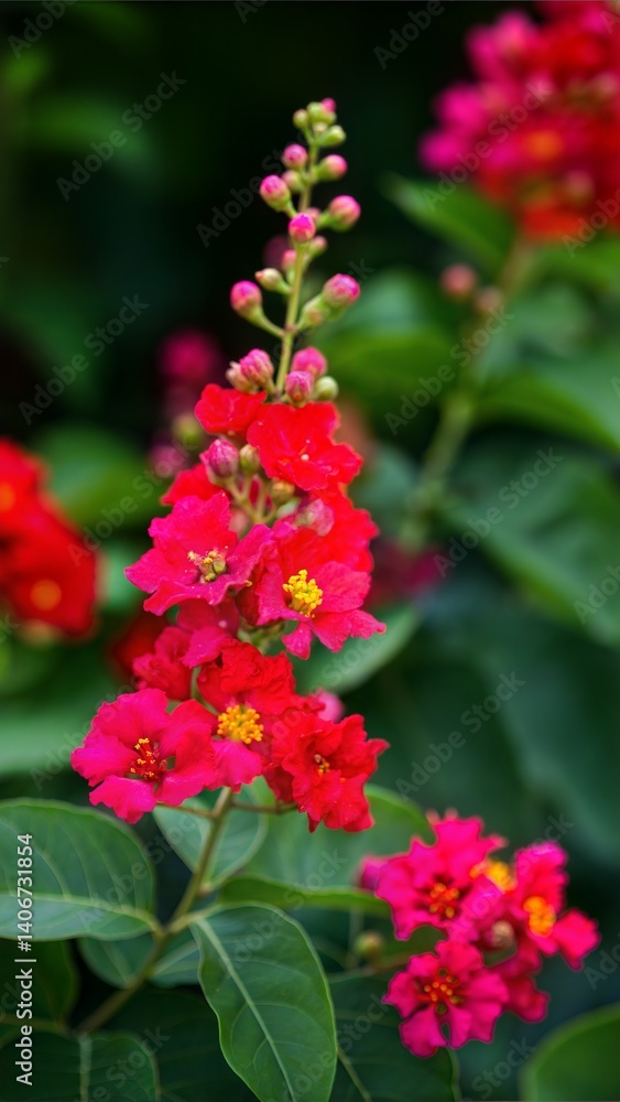 Close up of bright red Lagerstroemia indica flowers and green foliage Close up of bright red Lagerstroemia indica flowers and green foliage