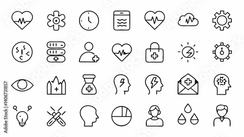 A detailed assortment of linear outline icons showcasing the concept of stress relief and emotional balance ideal for mental wellness meditation and calmness designs
