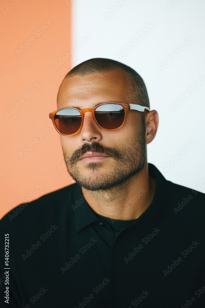 Fototapeta premium Portrait of stylish man wearing sunglasses and black shirt on colorful background