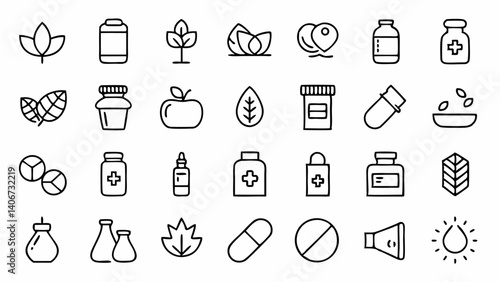 Unique line art icons illustrating supplement types and health products created for clean interface design and informative wellness content related to nutrition