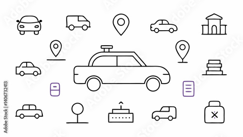 Stylish collection of linear taxi icons covering ride hailing vehicles travel services and public transport symbols made for transport booking app and interface use