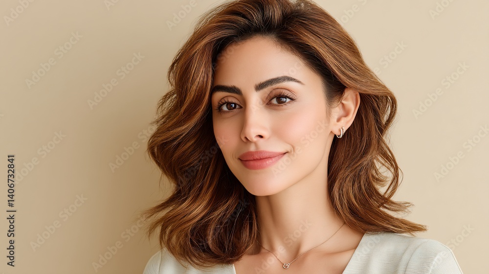 Beautiful woman with wavy brown hair, smiling, wearing a cream-colored blouse Beautiful woman with wavy brown hair, smiling, wearing a cream-colored blouse