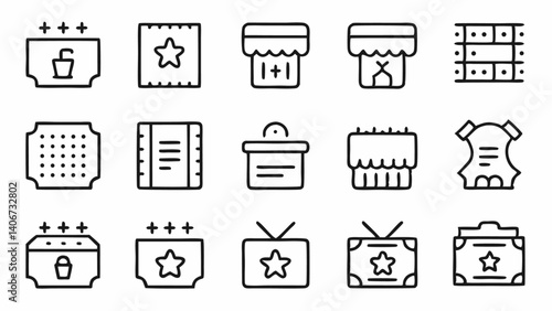 Simple yet stylish set of line icons themed around ticket booking events and entertainment designed to match modern mobile apps and user interface requirements