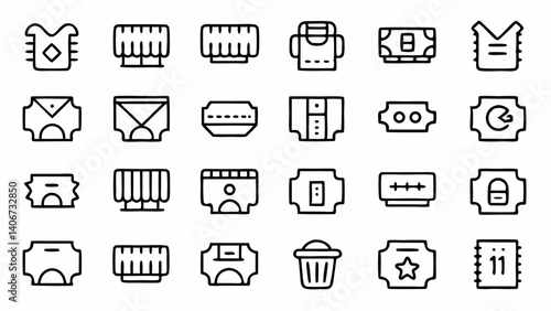 Versatile outline icon set focused on tickets admission and event symbols crafted in a linear style for clean user experience design and media content